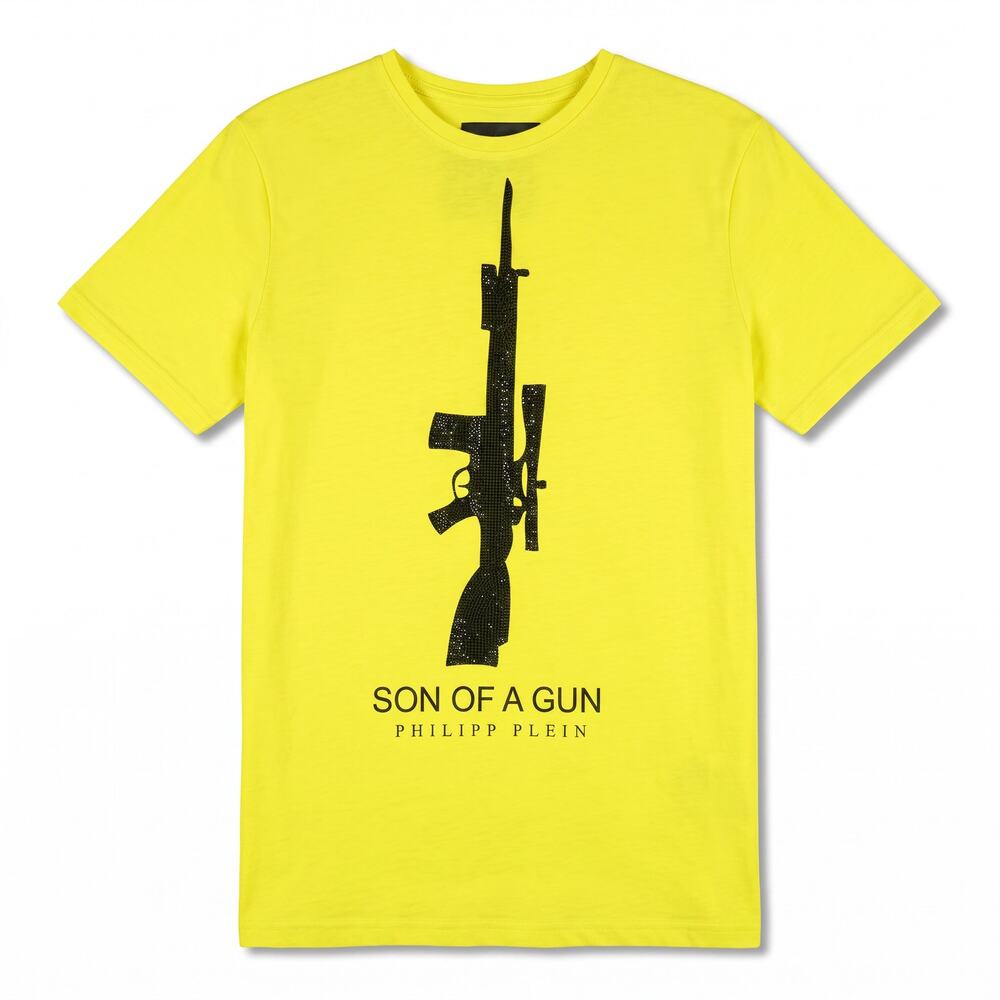 Philipp Plein Son of a Gun Men's XXXL* Studded Yellow T-Shirt Designer Luxury